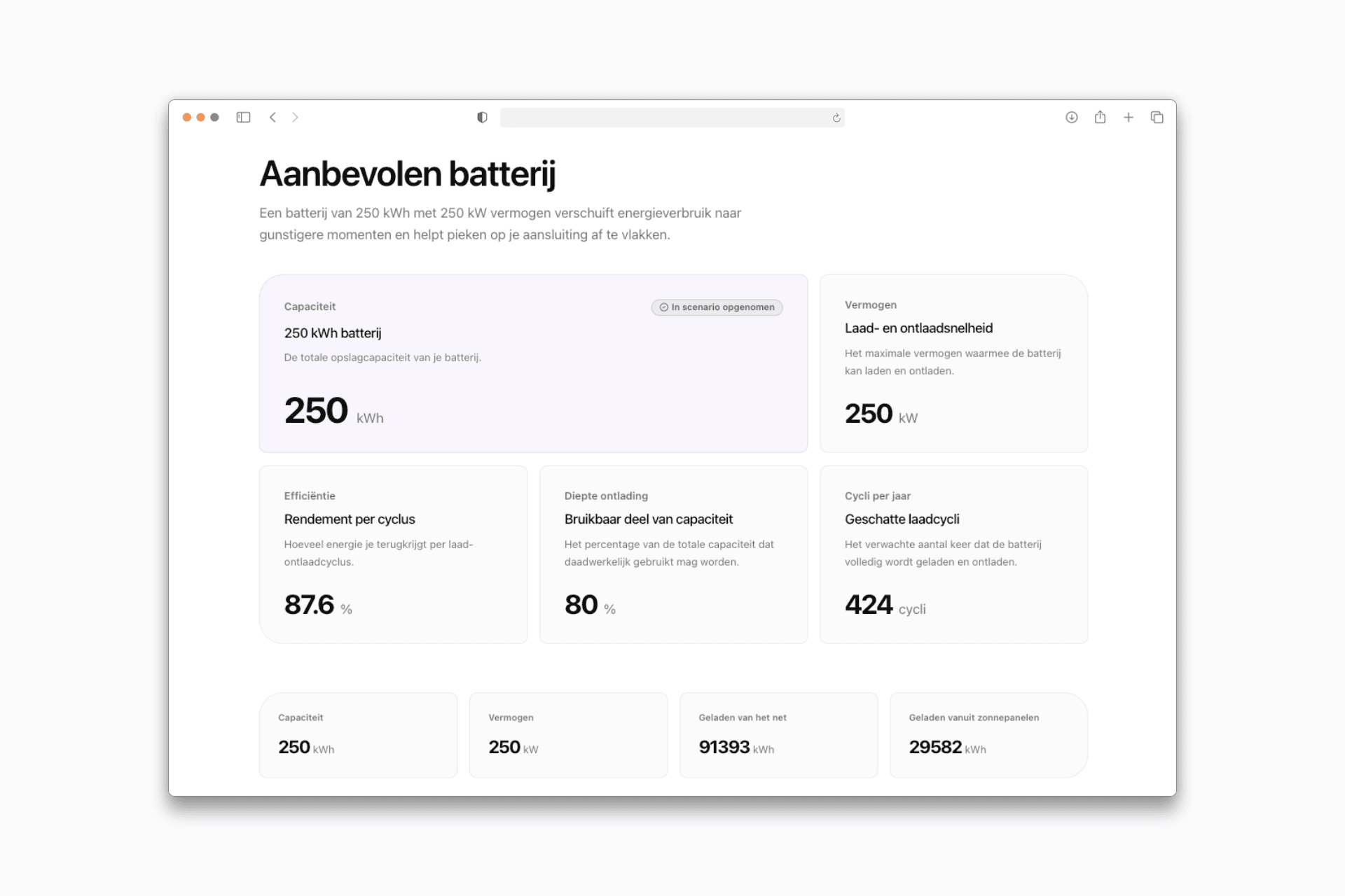 Batterijadvies met capaciteit, vermogen, rendement en geschatte laadcycli
