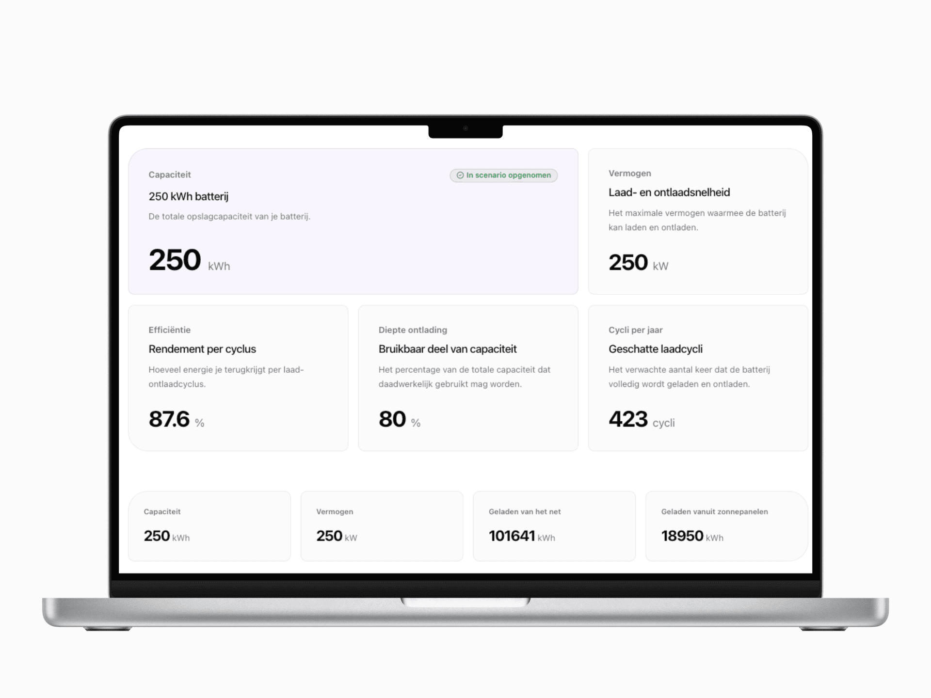 Batterij-KPI’s voor capaciteit, vermogen, efficiëntie, ontladingsdiepte en laadcycli in een MacBook-frame