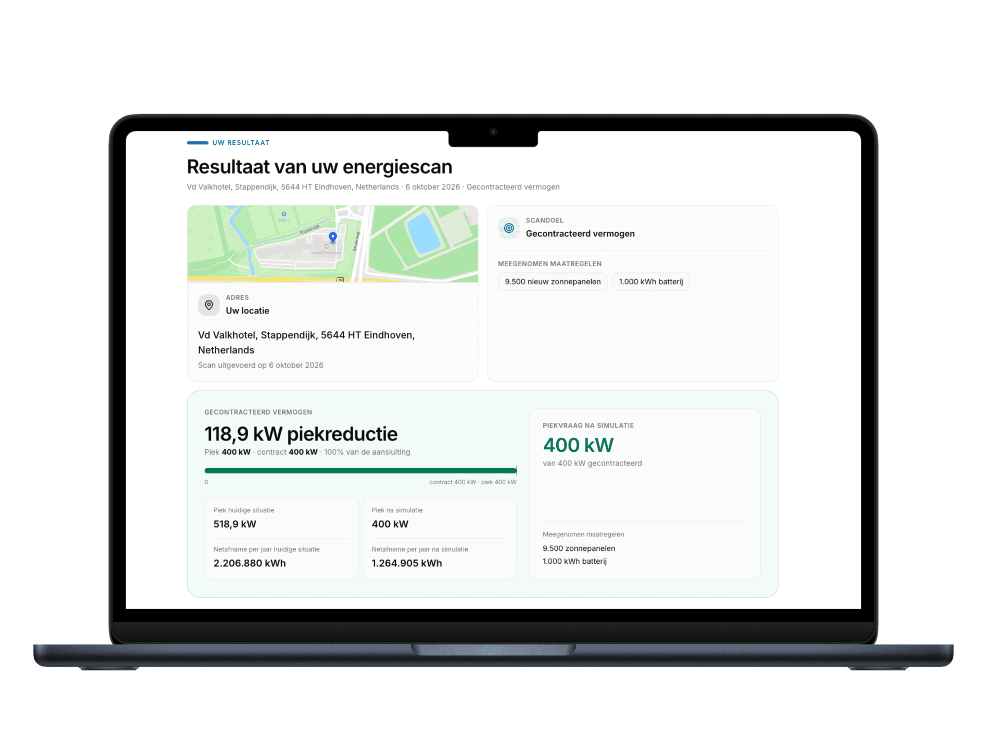 Enhub energierapport met het resultaat van de energiescan op een laptop
