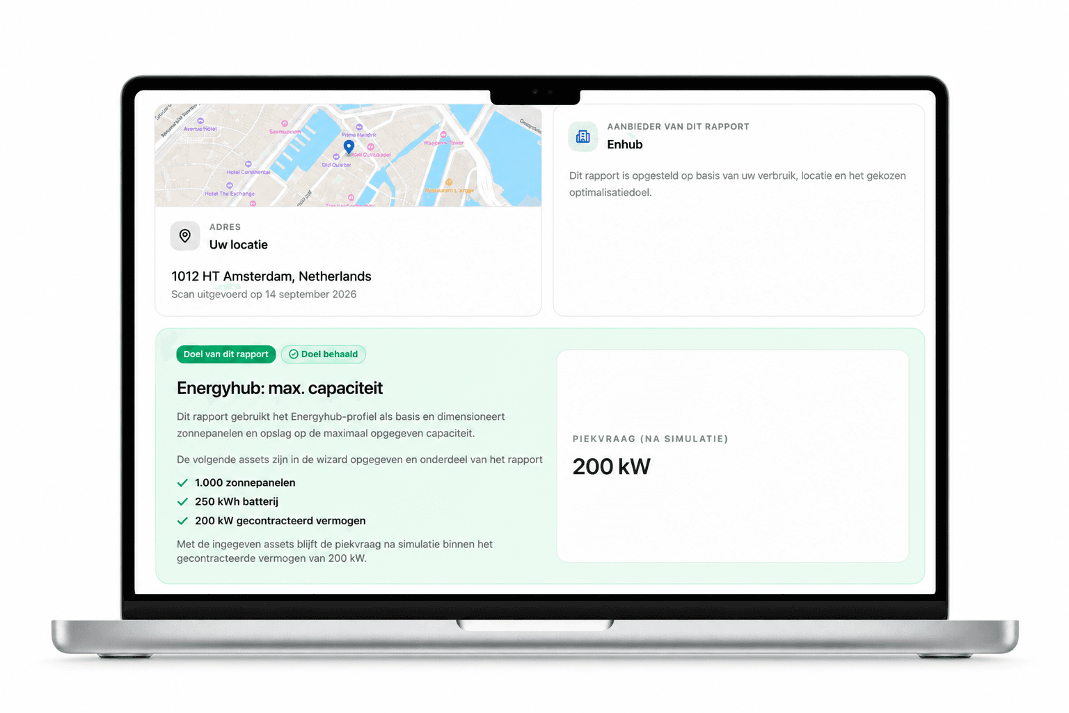 Energyhub-resultaatrapport met een piekvraag na simulatie van 200 kW