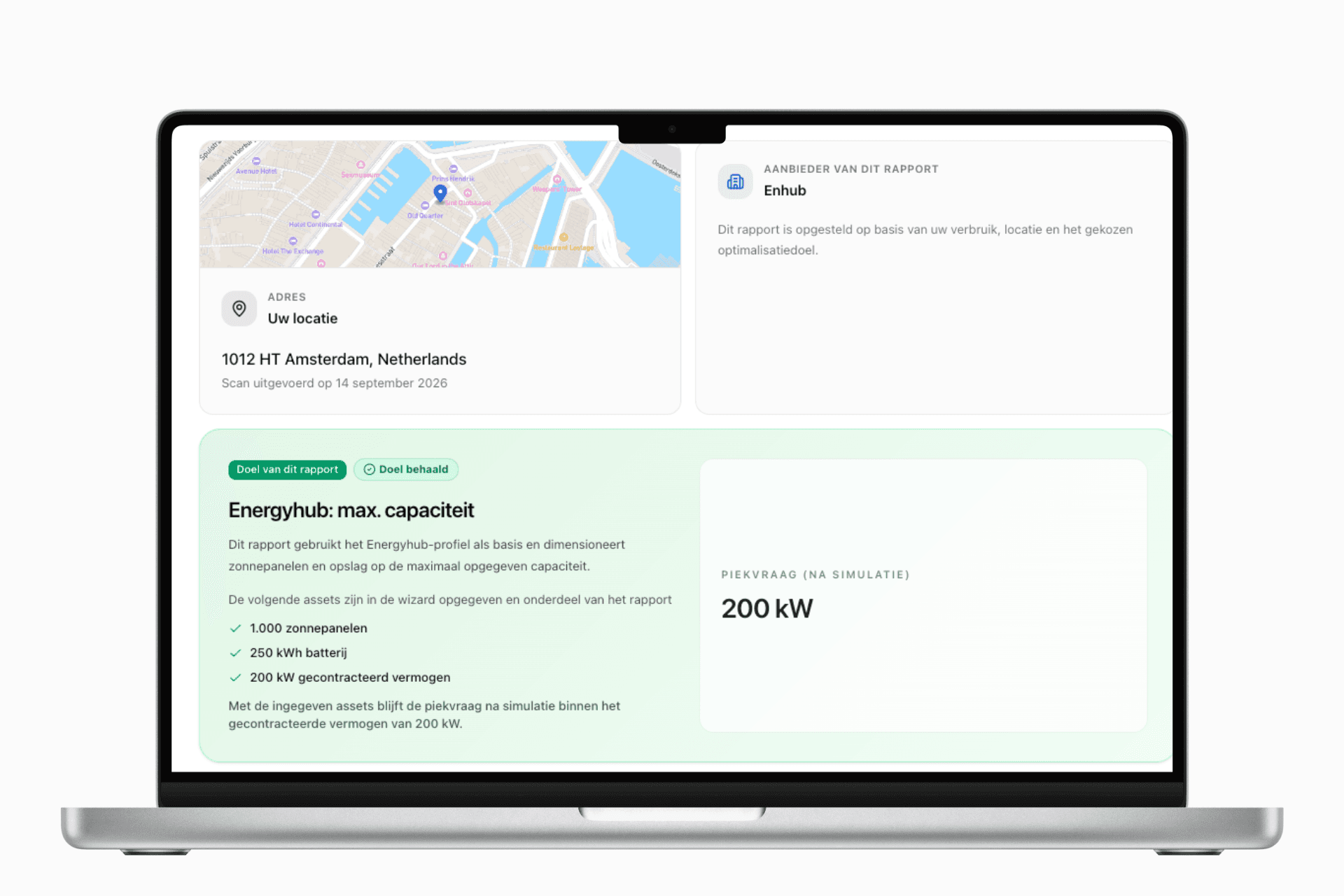 Enhub Energyhub-resultaat met locaties, assets en gezamenlijke piekvraag na simulatie