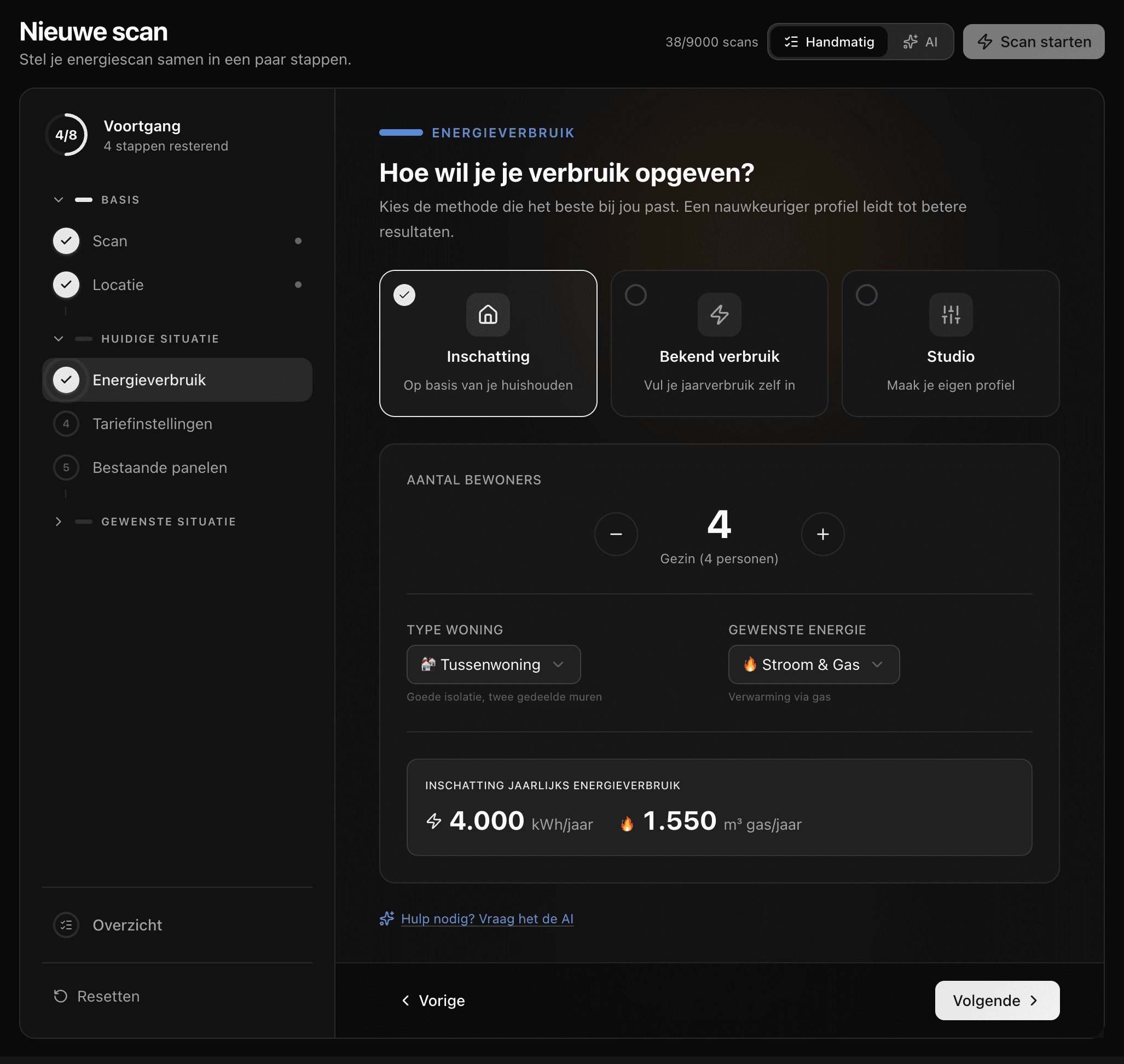 Verbruik inschatten via de schuifregelaar