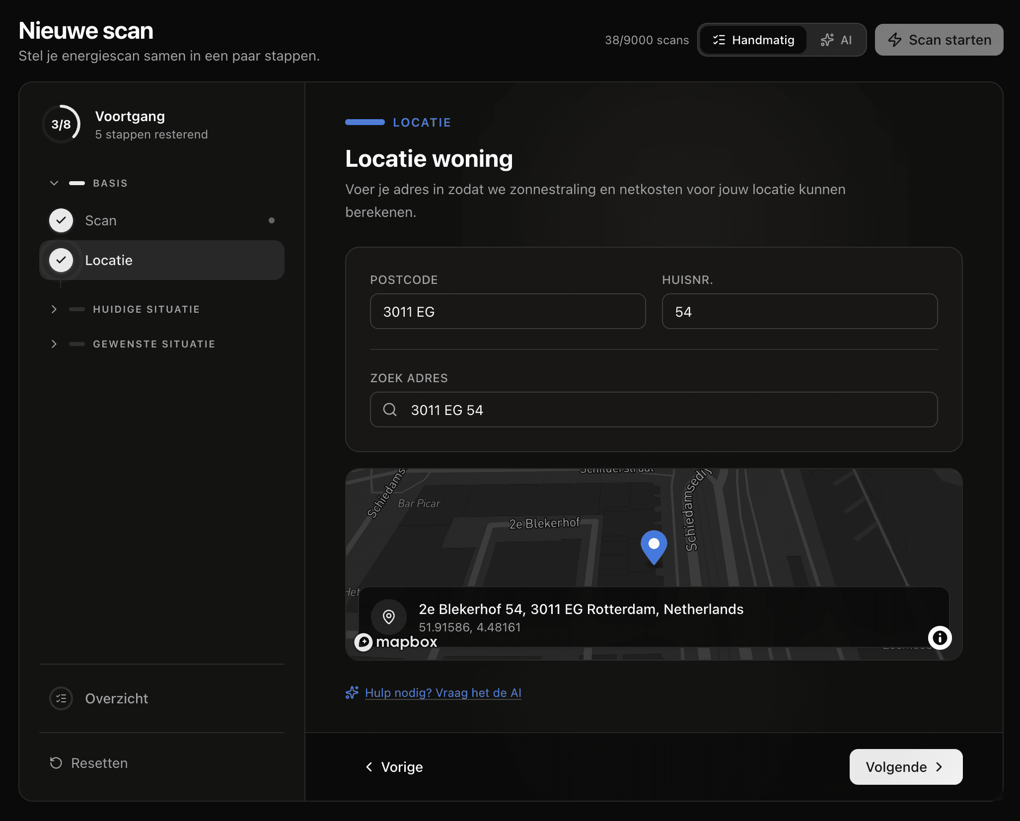 Het locatiescherm met adresinvoer