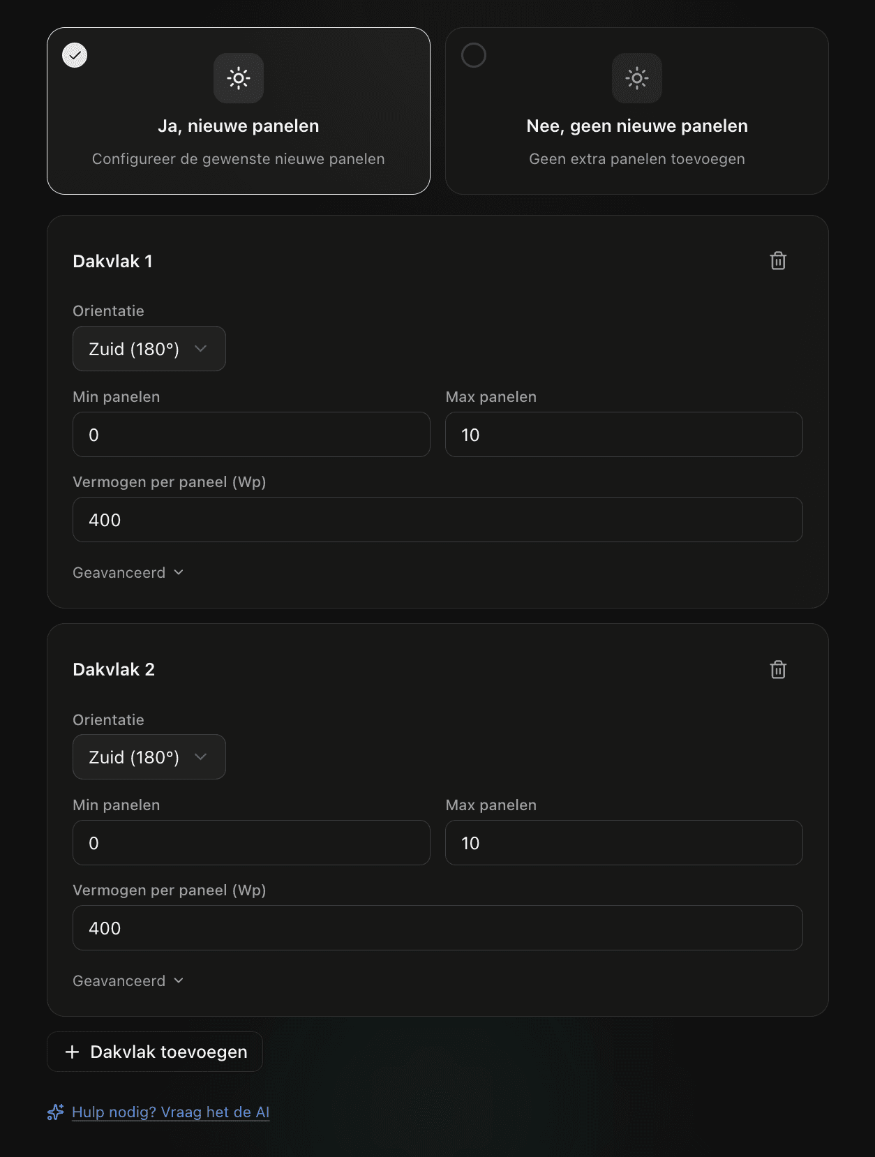 Nieuwe panelen dakvlak met min/max bereik